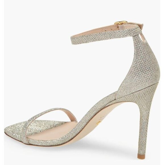 Stuart Weitzman Nudistcurve Ankle Strap Platino Glitter Sandals Heels | 8½ EUC - Picture 3 of 12